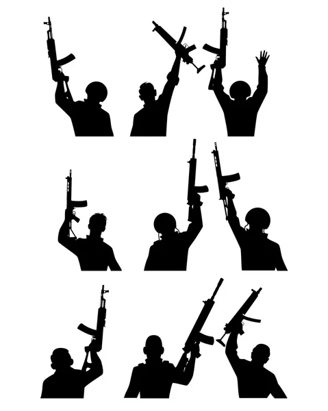 Soldados con siluetas de armas — Vector de stock