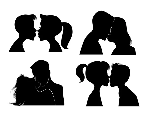 Quatro casais de beijos silhuetas — Vetor de Stock