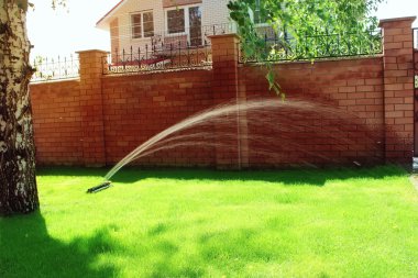 Çimen fıskiyesi yeşil çimlerin üzerinde kısırlaştırılmış su. Sulama sistemi