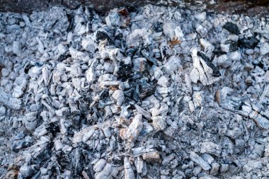 Fırının arka planındaki kül, kül, şöminenin ahşap külleri. Bulanık odaklı arkaplan.