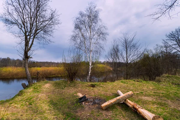 Das Erwachen der Natur. Frühlingslandschaft mit Bäumen und Gras am Fluss. — Stockfoto