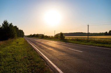Asfalt yolu kırsal alandan geçerek uzaklığa doğru gidiyor. Yaz yolculuğu konsepti.
