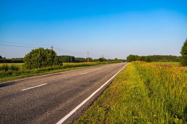 Asfalt yolu kırsal alandan geçerek uzaklığa doğru gidiyor. Yaz yolculuğu konsepti.
