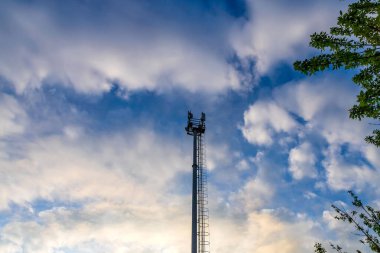 Kuş kirazı, arka planda bir baz istasyonu ve mavi gökyüzünde çiçek açar.
