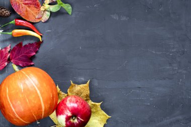 Kırsal ahşap masa üzerinde sonbahar meyveleri ve su kabaklarıyla hasat ya da Şükran Günü arkaplanı.