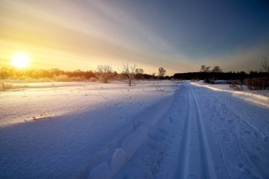 Karla kaplı bir yol ya da güneşli bir kış gününde kayak.