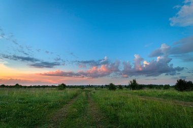 Yaz akşamları mavi gökyüzünde pembe bulutlarla romantik günbatımı.