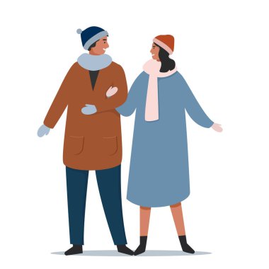 Kışın giyinmiş mutlu bir erkek ve kadın birbirlerine bakar ve el ele tutuşurlar. Düz vektör karikatür çizimi