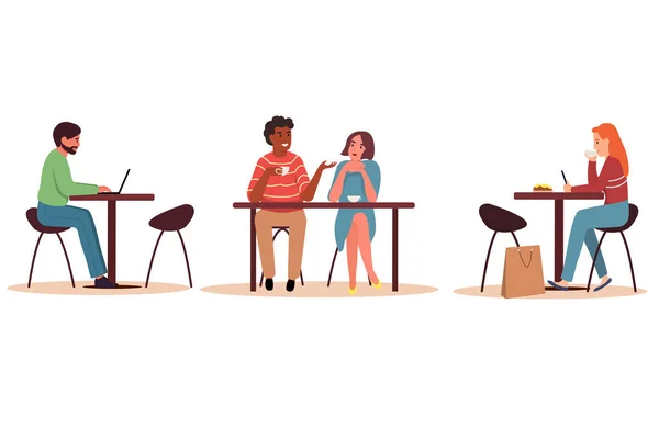 Bir kafe veya restoranda bir masada oturan bir grup insan. Erkekler ve kadınlar kahve ya da çay içer, konuşur, dizüstü bilgisayar ve telefon üzerinde çalışır. Beyaz izole bir arkaplanda düz vektör çizimi.