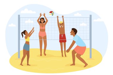 Aktif aile plaj voleybolu oynuyor. Aile tatilleri. Vektör düz illüstrasyon.