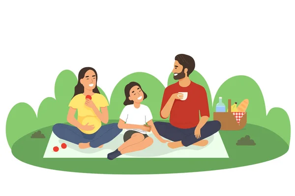 Piknikteki mutlu aile. Sportif bir aile dışarıda vakit geçirir. Baba, anne ve kız rahat olun ve doğada yiyin. Düz bir şekilde vektör illüstrasyonu