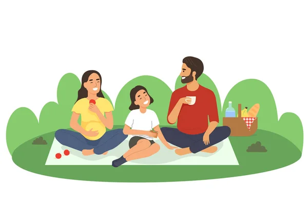 快乐的家庭在野餐 一个活泼的家庭会花时间在户外 妈妈和女儿放松 在大自然中吃饭 用扁平的方式表示矢量图解 矢量图形