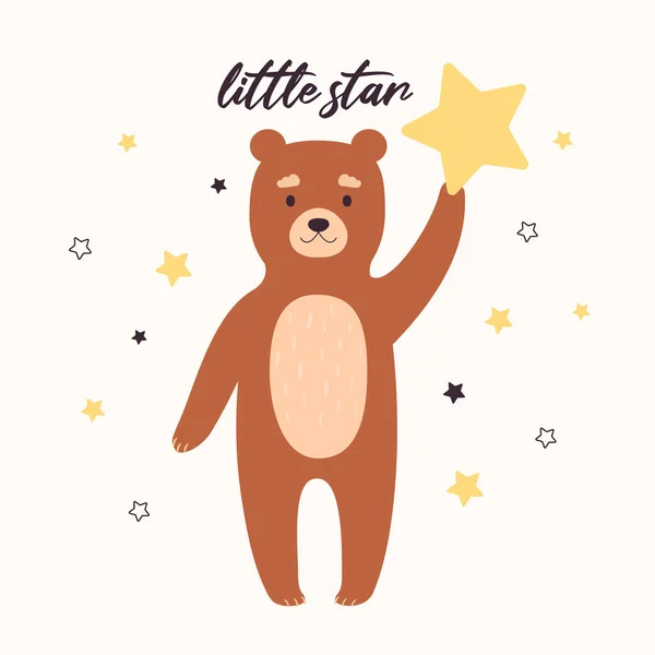 Cute Baby Bear Holding Star Background Small Stars Inscription Little — Stock Vector