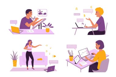 İnsanlar dans etmeyi, resim yapmayı, dövme yapmayı, evde online derslerden dil öğreniyor. Online eğitim, eğitim ve kurslar, öğrenme ve video dersleri dışında. Düz vektör karikatür çizimi.