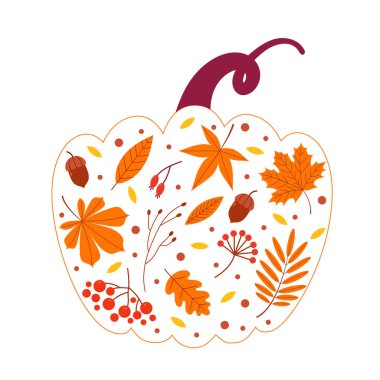 Sonbahar yaprakları, böğürtlenler, beyaz izole bir zemin üzerinde bir balkabağının içinde bir palamut. Davetiyelerin, posterlerin, afişlerin, kartpostalların vektör sonbahar tasarımı.