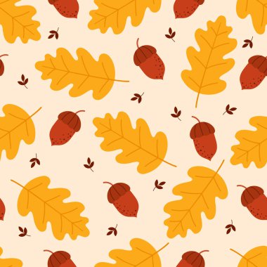 Hafif arka planda meşe yaprakları ve meşe palamutlarının kusursuz sonbahar deseni.