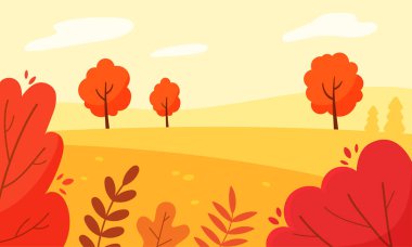 Ağaçları ve çalıları olan sonbahar ormanı. Düz bir biçimde vektör arkaplanı