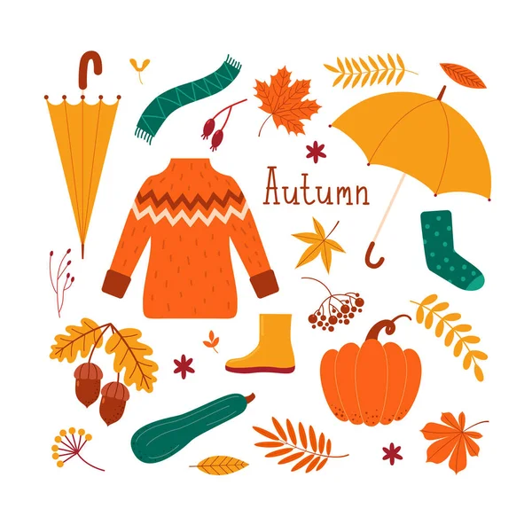 Ensemble Vectoriel Automne Vêtements Feuilles Citrouilles Baies Fleurs Glands Parapluie — Image vectorielle