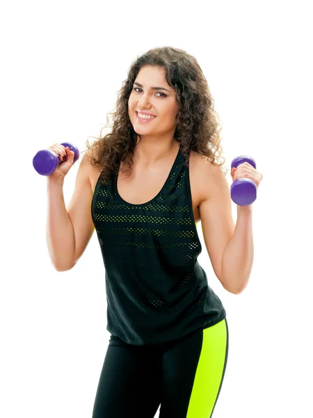 Sporty woman with heavy steel dumbbells — Stock Photo, Image