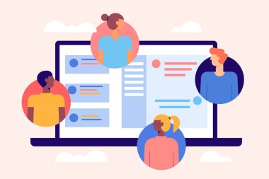 Çevrimiçi konferans görüşmesine katılan çeşitli insanlar. İnternette arkadaşlarla buluşuyorlar. Ekip evden farklı cihazlarla video üzerinden çalışıyor. Simge desenli arkaplan