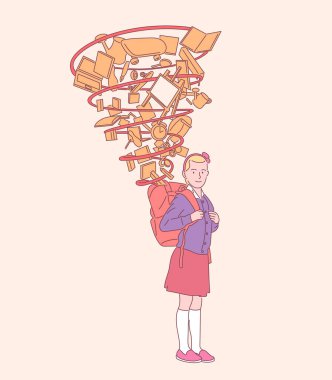 Sırt çantalı, okula hazır, eğitim için başarılı bir hazırlık yapan tatlı kız. El çizimi biçim vektör tasarımı çizimleri.