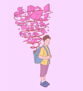 Sırt çantası okula hazır, eğitim için başarılı bir hazırlık yapan mutlu sevimli çocuk. El çizimi biçim vektör tasarımı çizimleri.