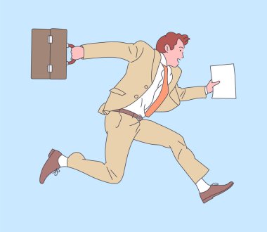 Başarılı iş adamı davayla atladığı için mutlu. Düz vektör illüstrasyonu.