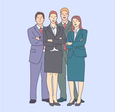 İş adamlarından oluşan bir ekip, işbirliği konsepti, takım çalışması. Bir grup genç iş adamı, birlikte çalışarak, takım çalışması yaparak bir arada duruyorlar. Katiplerin ve müdürlerin işbirliği