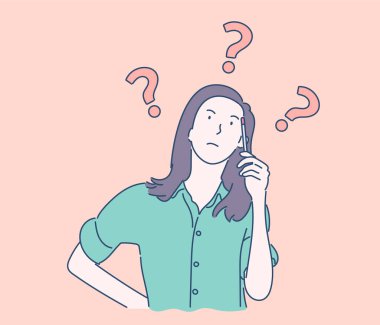 Soru, beyin fırtınası, rüya konsepti güzel güzel güzel bir kadın ya da kız, seçmeyi düşünen kararsız kadın ikilemlerin yeni fikirler bulma sorunlarını çözdüğünü düşünüyor. Basit düz vektör.