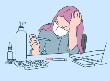 Sağlık, karantina, koruma, koronavirüs enfeksiyonu konsepti. Tıbbi maske takan hasta genç bir kız termometreye bakıp şaşırdı..