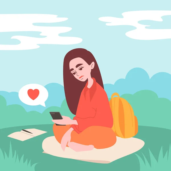 Vrouw Met Telefoon Illustratie Concept Meisje Surfen Internet Chatten Bloggen — Stockvector