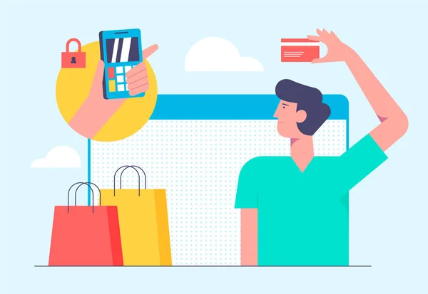 Conceito Compras Online Móvel Ilustração Vetorial Design Estilo Plano Homem — Vetor de Stock