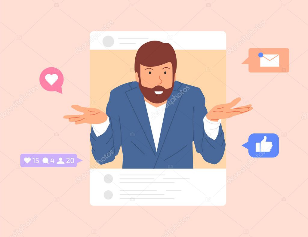 Guy browse social networks. Man making post and sharing happy moments with his followers. Social media influence and addiction. Vector illustration in flat cartoon style.