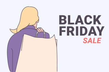 Black Friday banner concept.Girl or woman carrying a shopping bag after big sale. Good shopping on black friday. Hand drawn thin line style, vector illustrations. clipart