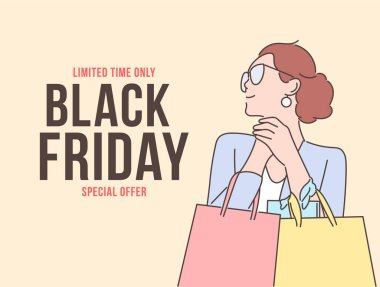 Black Friday banner concept. Cheerful young girl happy with shopping on Black Friday clipart