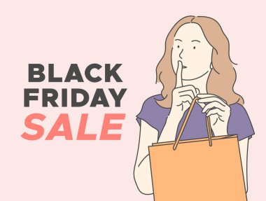 Kara Cuma pankartı konsepti. Genç kadın alıcı ya da tüketici. Müşteri karakteri dükkanda çanta tutarken ürünleri seçiyor