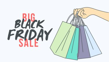 Kara Cuma pankartı konsepti. Kara Cuma 'da el ele alışveriş torbaları.