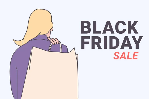 Black Friday Banner Concept Girl Woman Carrying Shopping Bag Big — Stock Vector