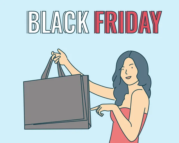 Black Friday Banner Concept Beautiful Girl Carrying Shopping Bag Smiling — Stock Vector