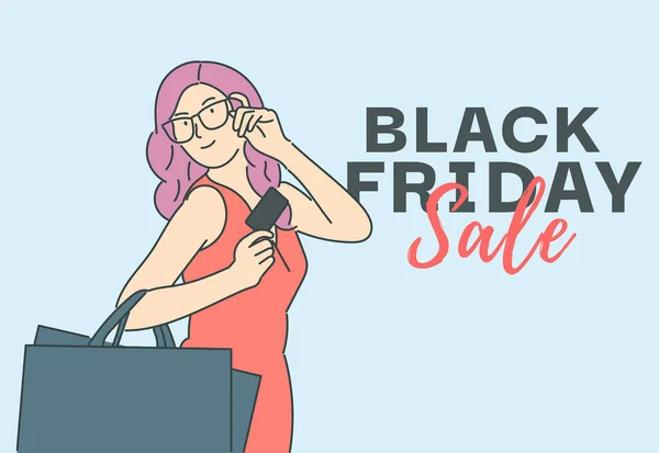 Black Friday Banner Concept Mooi Meisje Draagt Een Boodschappentas Glimlacht — Stockvector