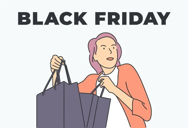 Black Friday Banner Concept Jonge Vrouw Koper Consument Klant Karakter — Stockvector