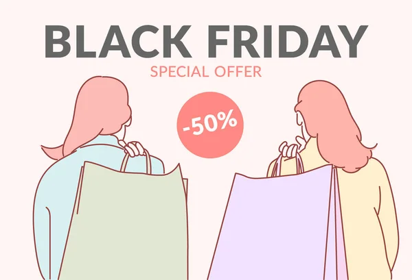 Black Friday Banner Concept Girls Womans Carrying Shopping Bag Big — Stock Vector