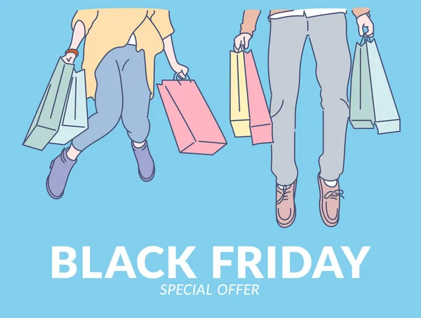 Conceito Banner Black Friday Jovem Casal Alegre Pulando Com Felicidade —  Vetores de Stock