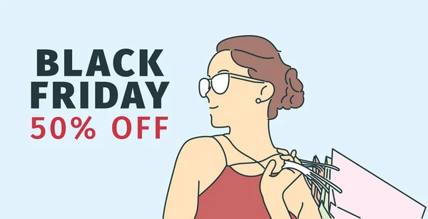 Black Friday Banner Concept Vrolijk Jong Meisje Blij Met Winkelen — Stockvector