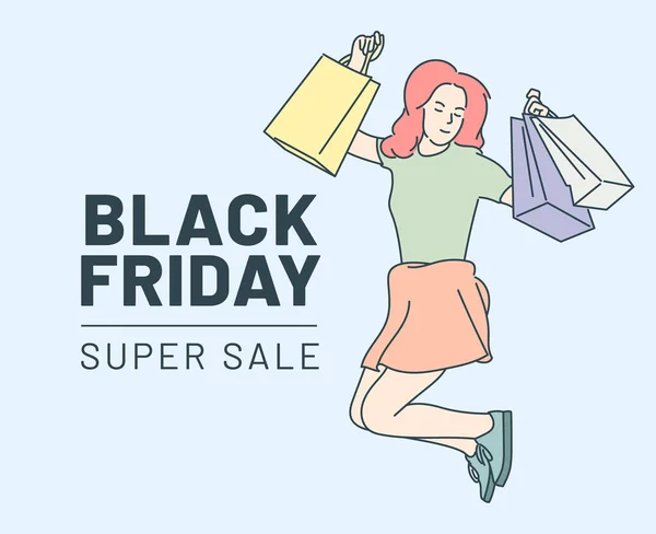 Conceito Banner Black Friday Jovem Menina Feliz Mulher Pulando Com —  Vetores de Stock