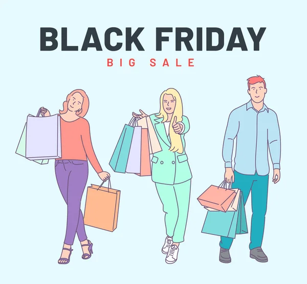 Conceito Banner Black Friday Jovens Felizes Clientes Sorridentes Amigos Andando —  Vetores de Stock