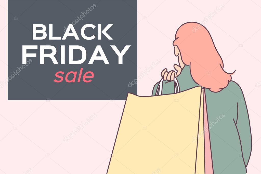 Black Friday banner concept.Girl or woman carrying a shopping bag after big sale. Good shopping on black friday. Hand drawn thin line style, vector illustrations.