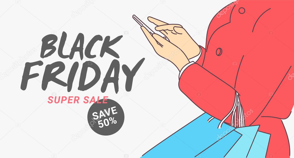 Black Friday banner concept. Online shopping with a mobile phone, spends via credit card by mobile app. Good shopping on black friday. Hand drawn thin line style, vector illustrations.