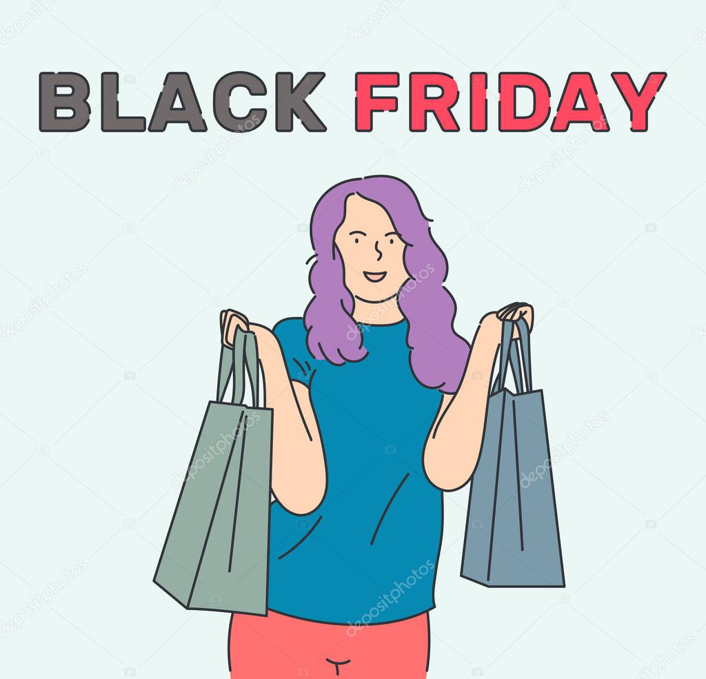Black Friday banner concept. Beautiful girl carrying a shopping bags and smiling happily. Hand drawn in thin line style, vector illustrations.
