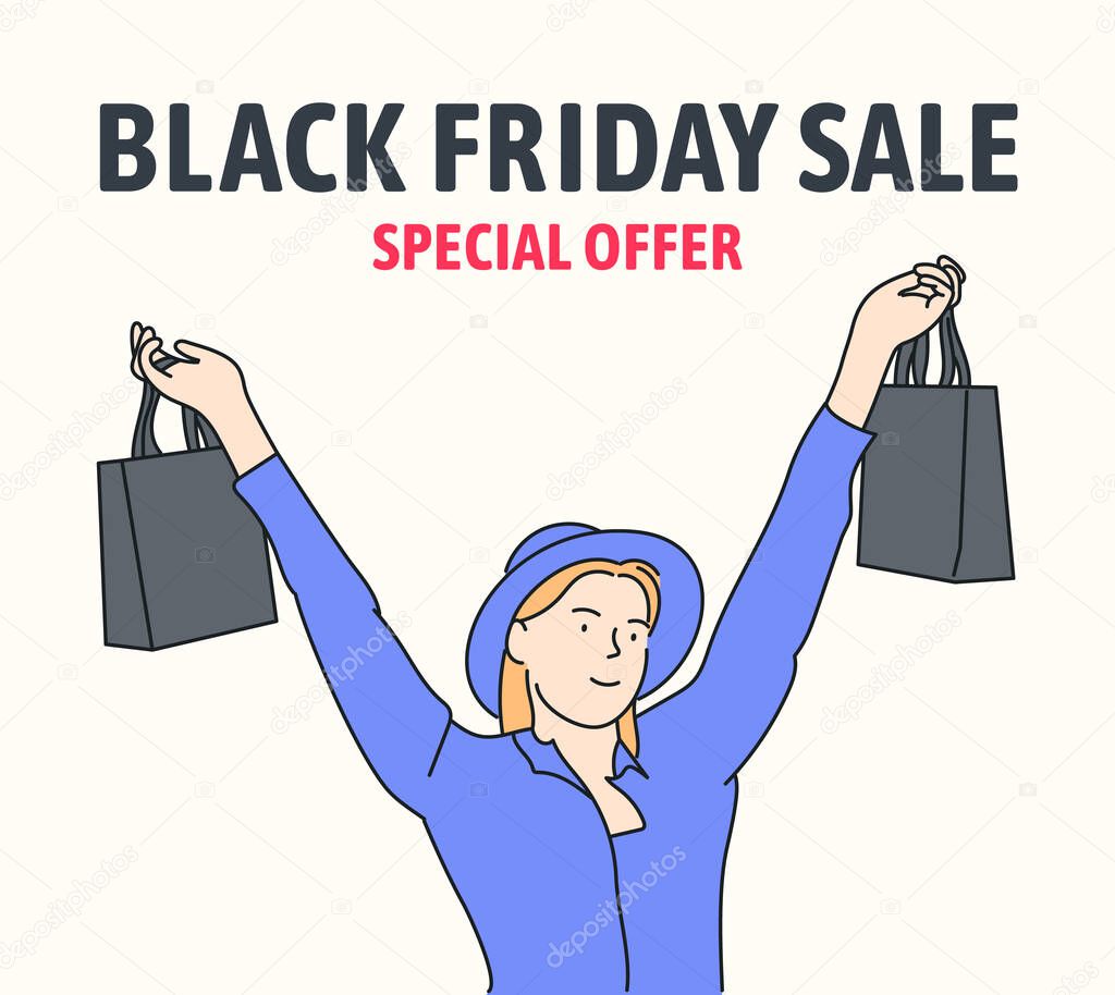 Black Friday banner concept. Beautiful girl carrying a shopping bag and smiling happily.